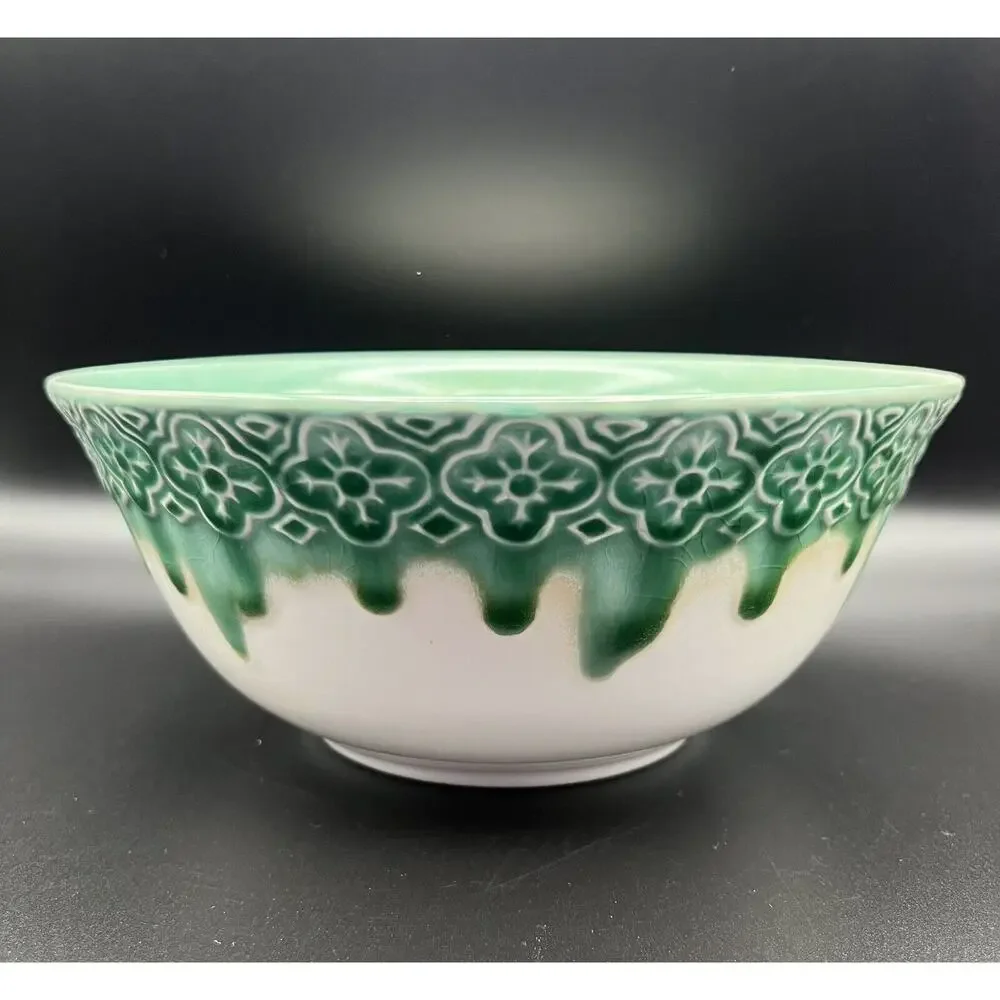 Pier 1 Imports Drip Glaze 9.5” Stoneware Serving Mixing Bowl Teal Green & White